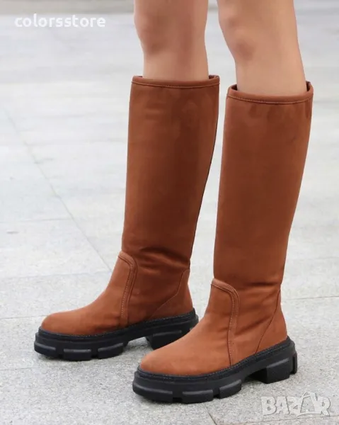 Равни ботуши - кафяв велур - BMK10, снимка 1