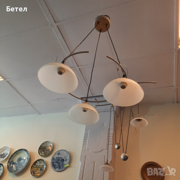 Полилей с 3 бр. осветителни чашки ,месинг и матстъкло, снимка 1