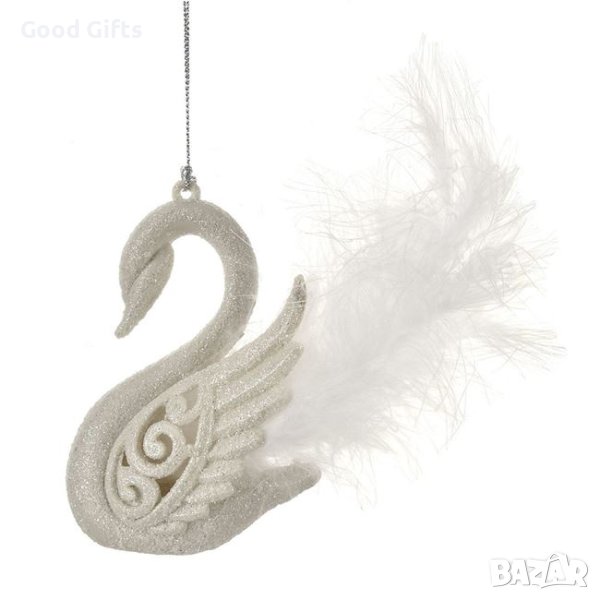 2 броя Комплект Висулки за елха, Бял лебед с пера, 10см, снимка 1