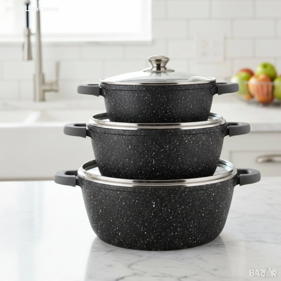 Комплект тенджери Cheffinger – 6 части с мраморно покритие, 20 / 24 / 28 см, снимка 1