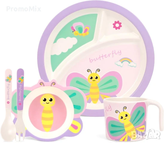 Детски комплект за хранене Bamboo ‎DWSA009B Butterfly 5 броя прибори за хранене Пеперуда, снимка 2 - Прибори за хранене, готвене и сервиране - 51203405