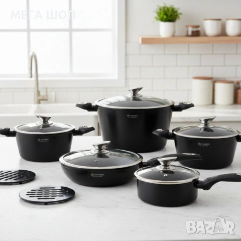 Комплект от 12 части - тенджери, тиган и подложки Edenberg EB-5613, снимка 2 - Съдове за готвене - 53870018