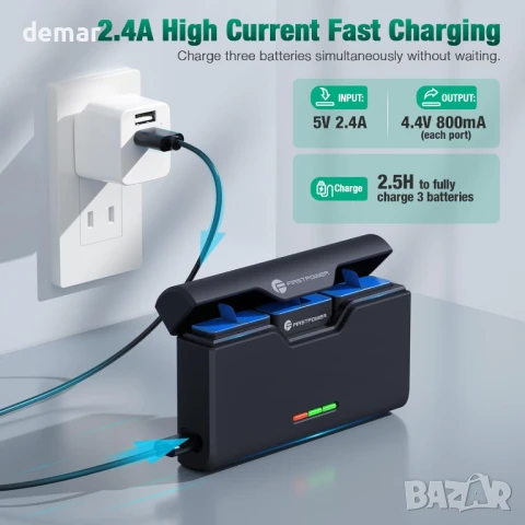 FirstPower Hero 12/11/10/9 Батерии 3 броя 2250mAh и бързо зарядно с три слота, USB, снимка 4 - Батерии, зарядни - 51190382