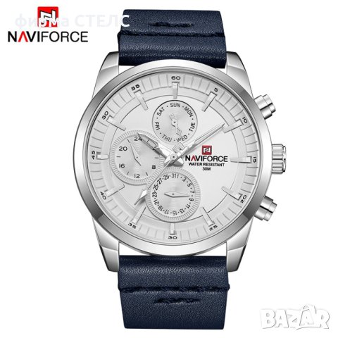 Мъжки часовник Naviforce, Кожена каишка, Син / Сребрист, снимка 3 - Мъжки - 41686516