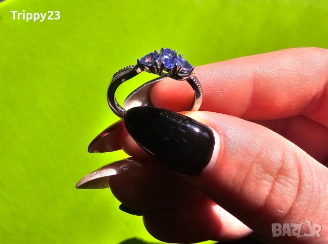 Пръстен с 3 Танзанита – Стерлингово Сребро с Родиево Покритие, 0.57 Cts, Размер N, снимка 2 - Пръстени - 53085265