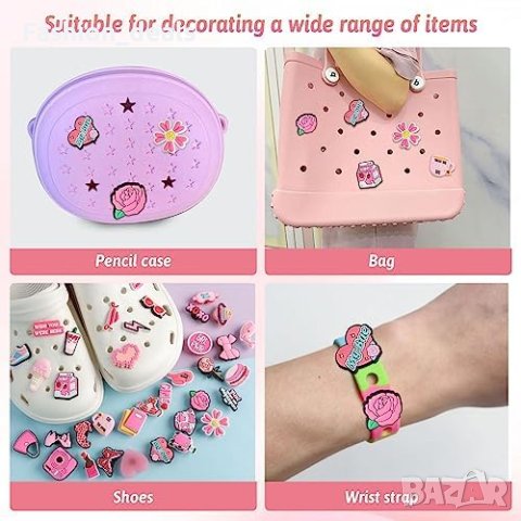 Нови 36 броя различни форми розови аксесоари за обувки Croc джапанки Момичета Подарък, снимка 7 - Други - 41793894