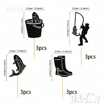 12 бр риба рибар рибарски риболов брокатен картон топери за мъфини кексчета торта декор парти топер, снимка 3 - Други - 47359245