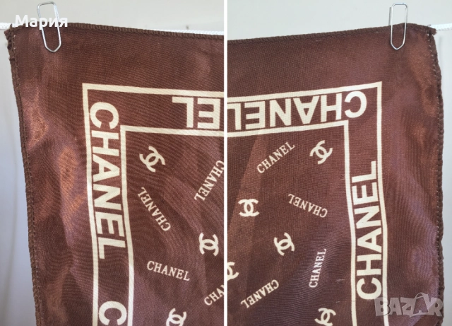 Дамски Квадратен Шал Кафяв Бежов / Кремав Полиестер Сатен Chanel Шанел Лого, снимка 12 - Шалове - 51822664