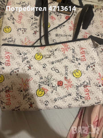 Голяма дамска чанта GUESS с несесер(чанта), снимка 4 - Чанти - 55930332