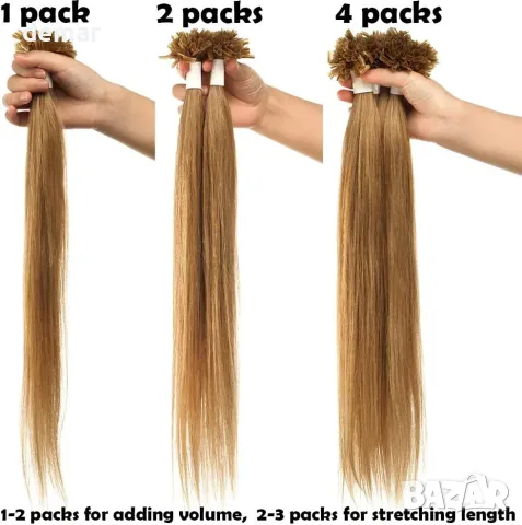 16" Pre Bonded Human Hair Extensions U-tip с кератин – 100% Remy, 0.5g x 200 нишки, 100g (прави), снимка 4 - Продукти за коса - 55777214