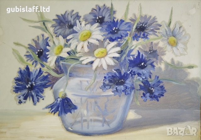 Стара картина, ваза с цветя, 1950-те год., снимка 4 - Картини - 39506182