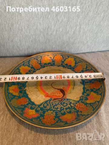 Месингова чиния за стена с пауни, снимка 5 - Антикварни и старинни предмети - 53758192