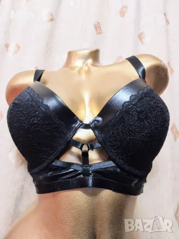 ZEEMAN 95 D Черен сутиен от дантела и еко кожа , снимка 6 - Бельо - 49566646