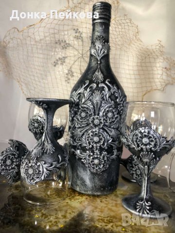 Сервиз за аперитив от 6 чаши и декорирана бутилка за любимо питие, снимка 3 - Декорация за дома - 35697564