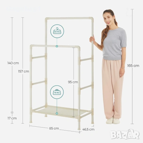 SONGMICS Закачалка за дрехи, метална стойка с 2 релси за окачване и рафт за съхранение, максимално н, снимка 5 - Гардероби - 53860299