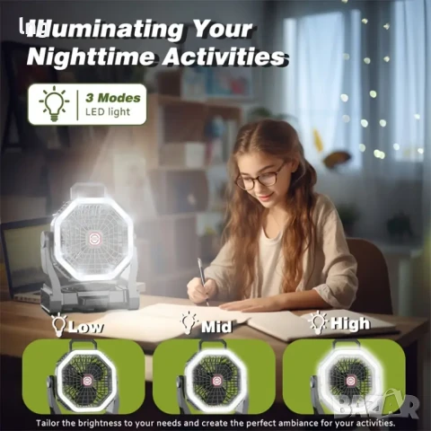 Преносим акумулаторен вентилатор с осцилация – 10 000 mAh | До 16 часа работа | Идеален за къмпинг, снимка 6 - Къмпинг осветление - 50926901