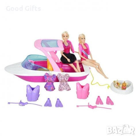 Розова лодка с 2 кукли , 2 кучета и аксесоари, снимка 1 - Кукли - 39174825