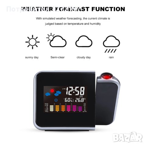 Цифров прожекционен часовник ,будилник, метеорологична станция с термометър за температура, влагомер, снимка 9 - Прожектори - 40893768
