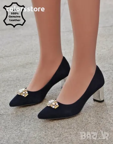 Обувки на ток - тъмносин ЕСТЕСТВЕН велур - 17265Z-2-3K