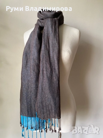Синьо/ кафяв шал с 60 % лен и памук и 40 % вискоза, снимка 4 - Шалове - 52493358