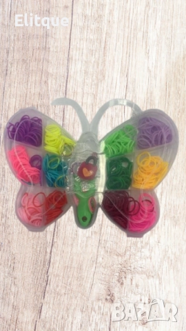 Комплект ластички за плетене на гривни в кутия с формата на Пеперуда 600 броя, снимка 2 - Шноли, диадеми, ленти - 52786940