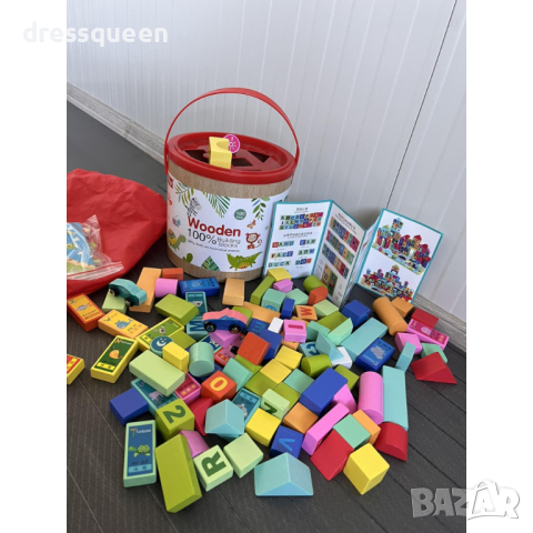 4124 Комплект от 50 части цветни дървени блокчета конструктор с кофа за съхранение, снимка 10 - Конструктори - 44614596