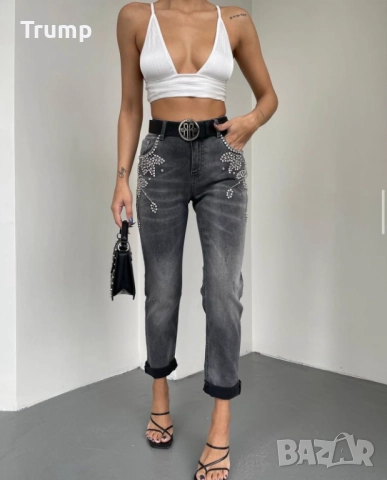 Ефектни еластични дънки с камъни и колан, деним, снимка 2 - Дънки - 51706173