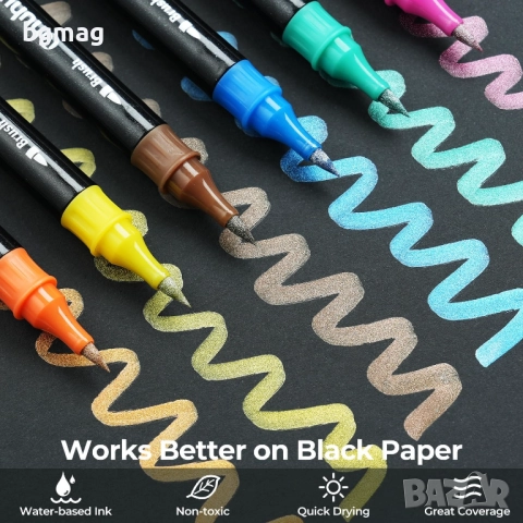 ✎Ohuhu Metallic Marker Pens маркери с два писеца тип четка и тънък писец, 24 металикови цвята, снимка 2 - Ученически пособия, канцеларски материали - 52183635