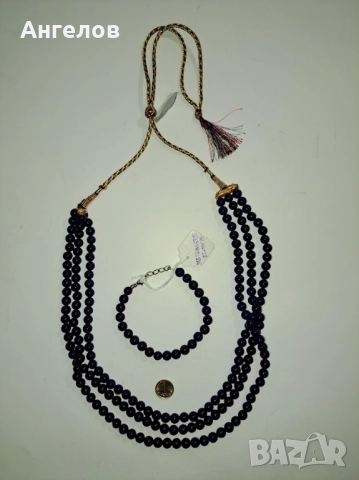 Троен дълъг 1 м. гердан от натурален син сапфир и гривна, снимка 2 - Колиета, медальони, синджири - 52985090