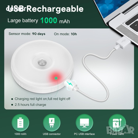 Blewandy LED нощна лампа топло/студено бяло, USB акумулаторни, 2 броя, снимка 5 - Лед осветление - 44672210