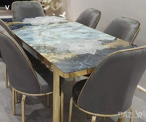 Комплект трапезна кухненска маса + 6 броя черни стола , снимка 3 - Маси - 52964253