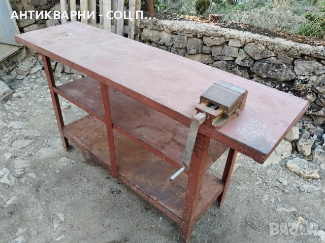 Комплект Стара Масивна Работна Маса с Машинно Менгеме / Около 100 кг. , снимка 2 - Антикварни и старинни предмети - 51726689
