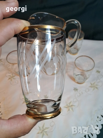 българска луксозна стъклена кана с пет чаши за вино 28/2, снимка 5 - Сервизи - 51838198