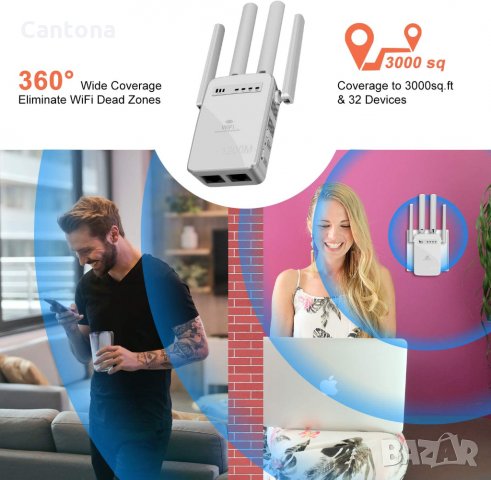 WiFi 1200Mbps Репийтър, усилвател на сигнала, AP режим, двубандов 5GHz и 2.4GHz , до 32 устройства и, снимка 4 - Рутери - 34509286