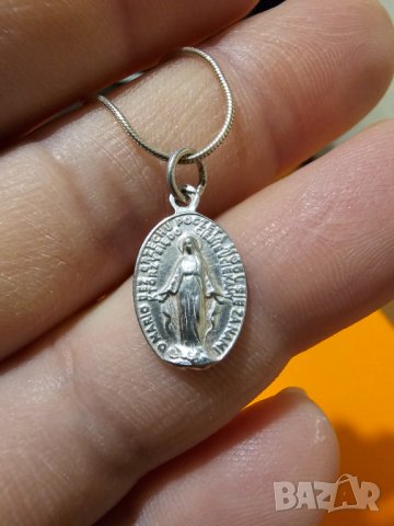 Сребърно синджирче със старинен сребърен медальон с  Дева Мария  и светата молитва Молитва "О, Мария, снимка 2 - Колиета, медальони, синджири - 41795850