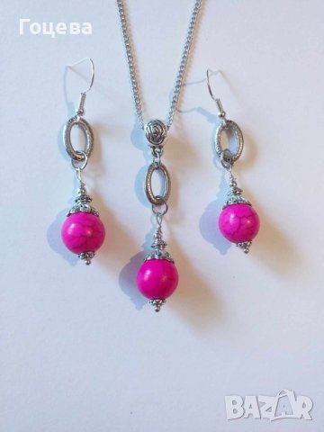Разкошен комплект обици и колие с розов Тюркоаз и орнаменти цвят сребро , снимка 2 - Бижутерийни комплекти - 41668951