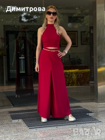 Дамски еластичен стилен червен костюм с пола панталон XS-XL, снимка 4 - Костюми - 49407866