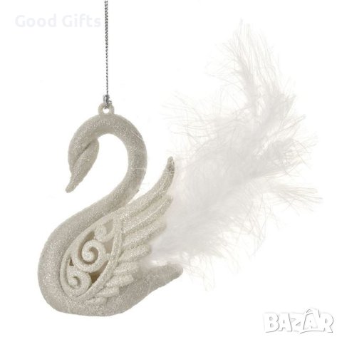 2 броя Комплект Висулки за елха, Бял лебед с пера, 10см