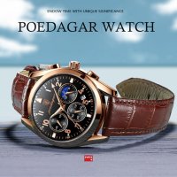 POEDAGAR - кварцов часовник,дата,кожена каишка, снимка 1 - Мъжки - 41435502