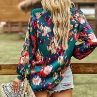 Дамска блуза с флорален принт и V-образно деколте, 4цвята - 023, снимка 9 - Блузи с дълъг ръкав и пуловери - 42038517