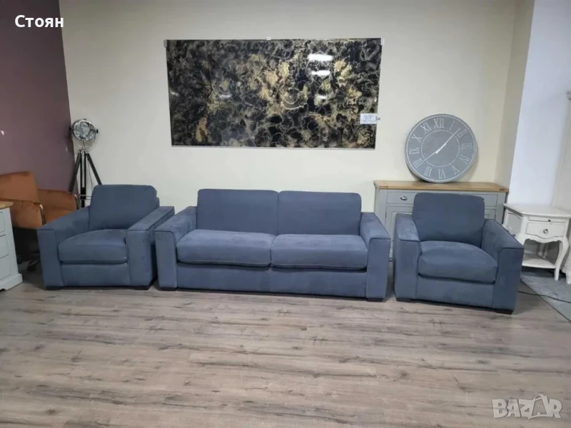Сив комплект от плат набук диван тройка с функция сън и два фотьойла, снимка 1