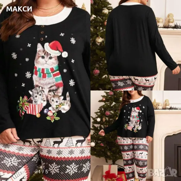 Макси красива еластична черна блуза с котета в Коледен десен, снимка 1