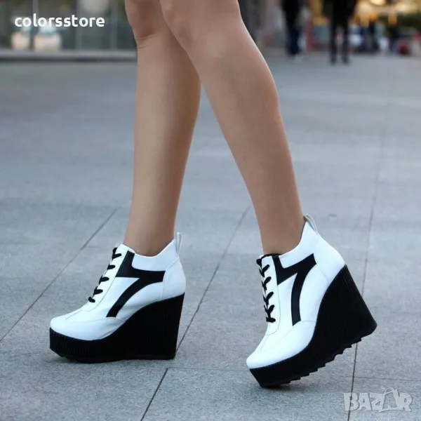 Кецове на платформа - бяла кожа с черна лента и черно ходило - NO4, снимка 1