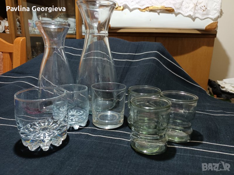 Две гарафи с чаши от масивно стъкло, снимка 1
