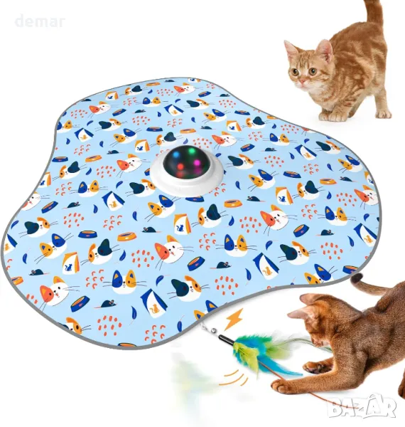 Интерактивна играчка за котки със звънец и подвижно перо, USB презареждаща се, синя, снимка 1