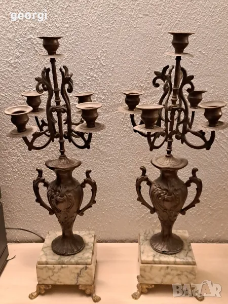 два френски ретро свещника с мраморен пиедестал , снимка 1