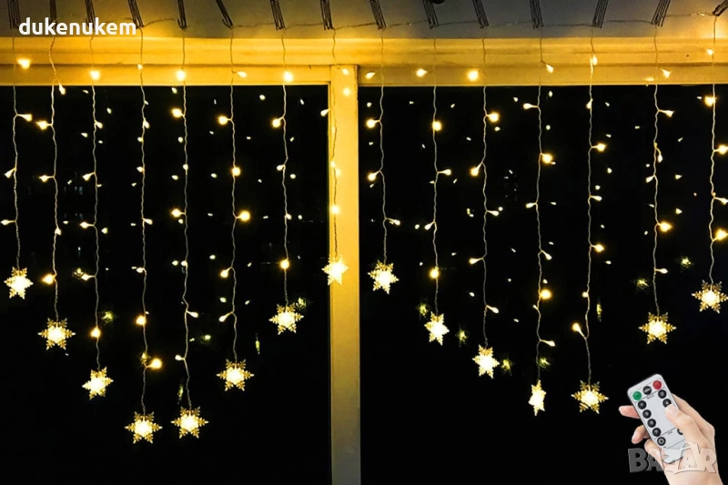 LED светлинна завеса със снежинки – 2 х 1 м, 104 лампички, 8 режима, USB, IP44, снимка 1