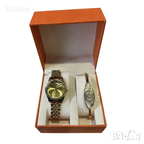 Елегантен дамски комплект: Часовник със златна верижка и камъни + гривна, снимка 3 - Гривни - 53501380