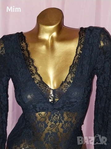 S Черно дантелено боди с дълъг ръкав , снимка 5 - Корсети, бюстиета, топове - 53363895