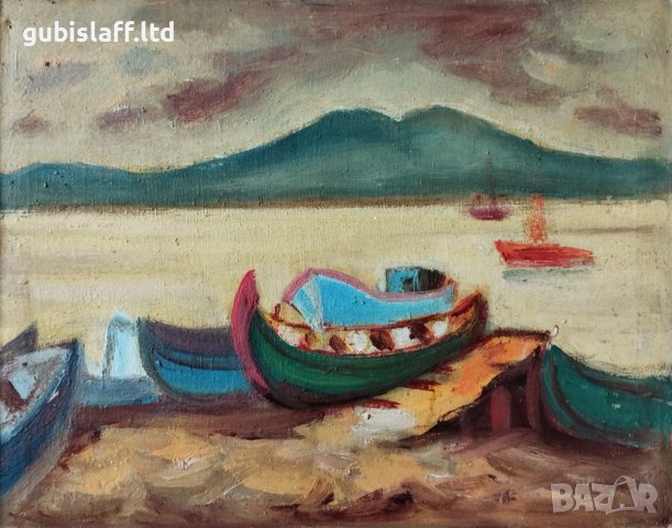 Стара картина, пейзаж, море, лодки,Борис Краев, 1970-те год., снимка 2 - Картини - 31273942